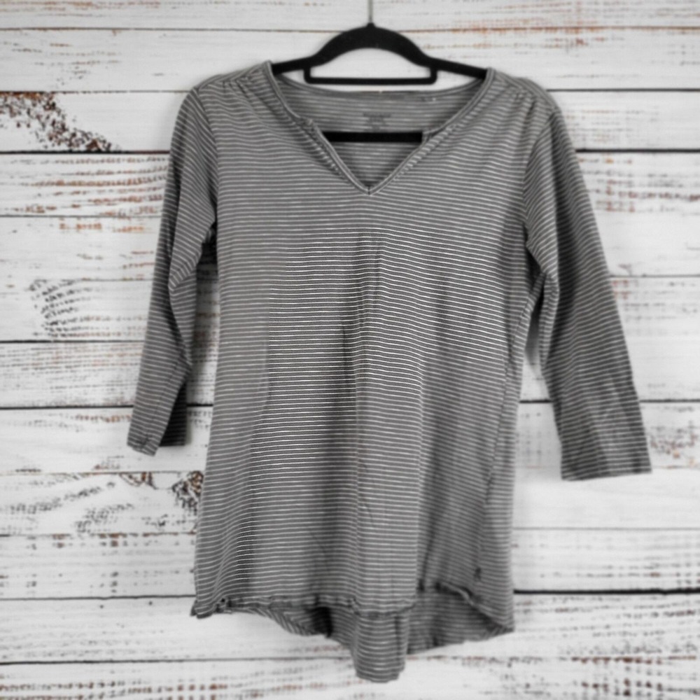 Toad & Co Long Sleeve Top S Womens Grey White Striped V Neck Pullover